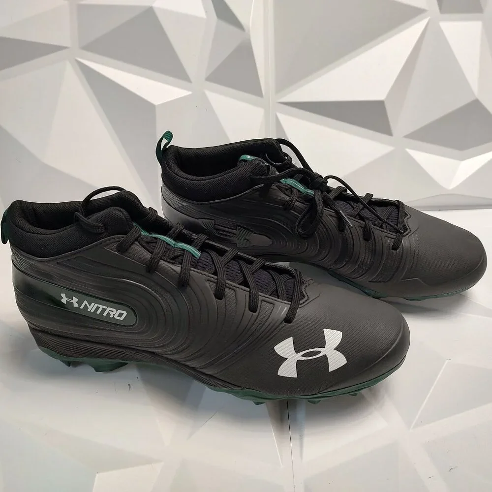 Under Armour Mens Football Cleat 16 Black Green Shoe Lacrosse Nitro Mid MC - Picture 5 of 10